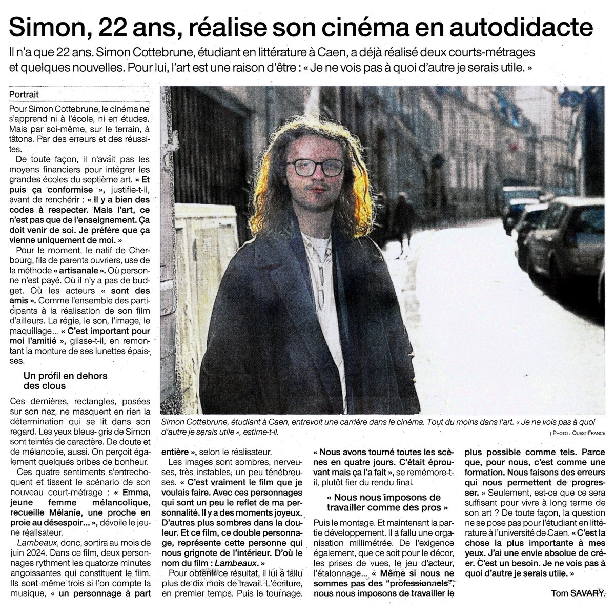 climbinglouse's tweet photo. Un grand merci à @OuestFrance14 pour le très beau portrait que vous avez fait de @SimonCottebrune suite à la publication de la bande-annonce de son prochain court-métrage #Lambeaux ! 📰✍️

#CourtMétrage #Manche #Caen #OuestFrance #Portrait https://t.co/17SuboVcas