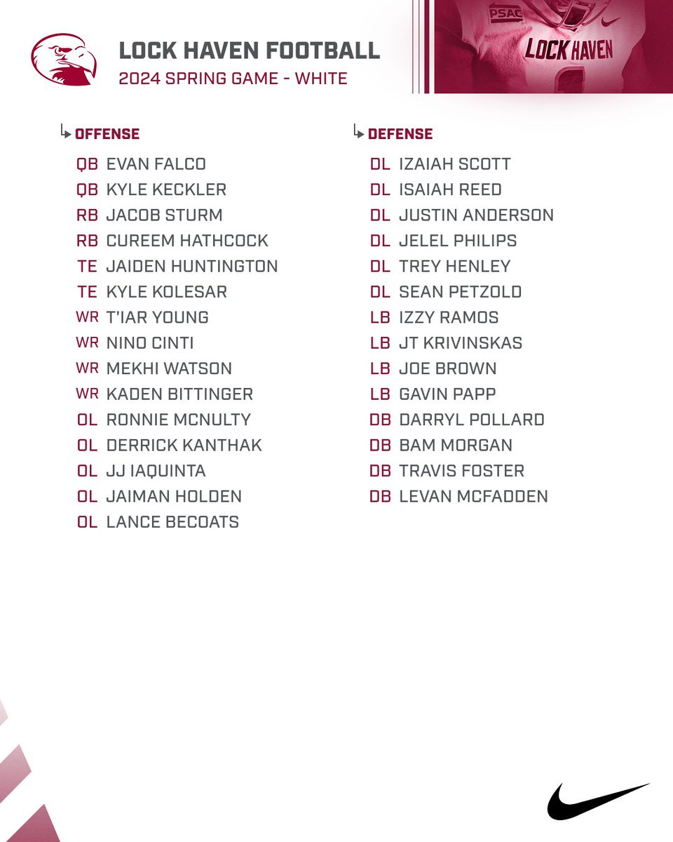 The Spring Game rosters are set! 👀👀👀 Come out to Hubert Jack Stadium this Sunday, April 21st (11:30am) to watch our hard-working men compete! CRIMSON vs WHITE Who you got???🤔 #LockedIn🔒🦅