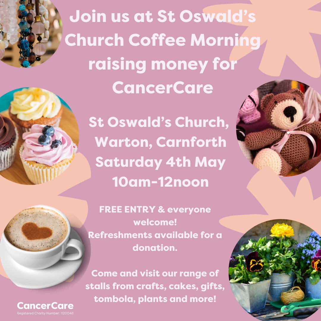 Come and join us at our #CraftFair and #CoffeeMorning raising money for #CancerCare.
Saturday 4th May from 10am - 12noon at St Oswald's Church, Warton, #Carnforth.
FREE ENTRY & all welcome!
There will be a wide range of stalls from crafts, cakes, gifts, tombola, plants and more!