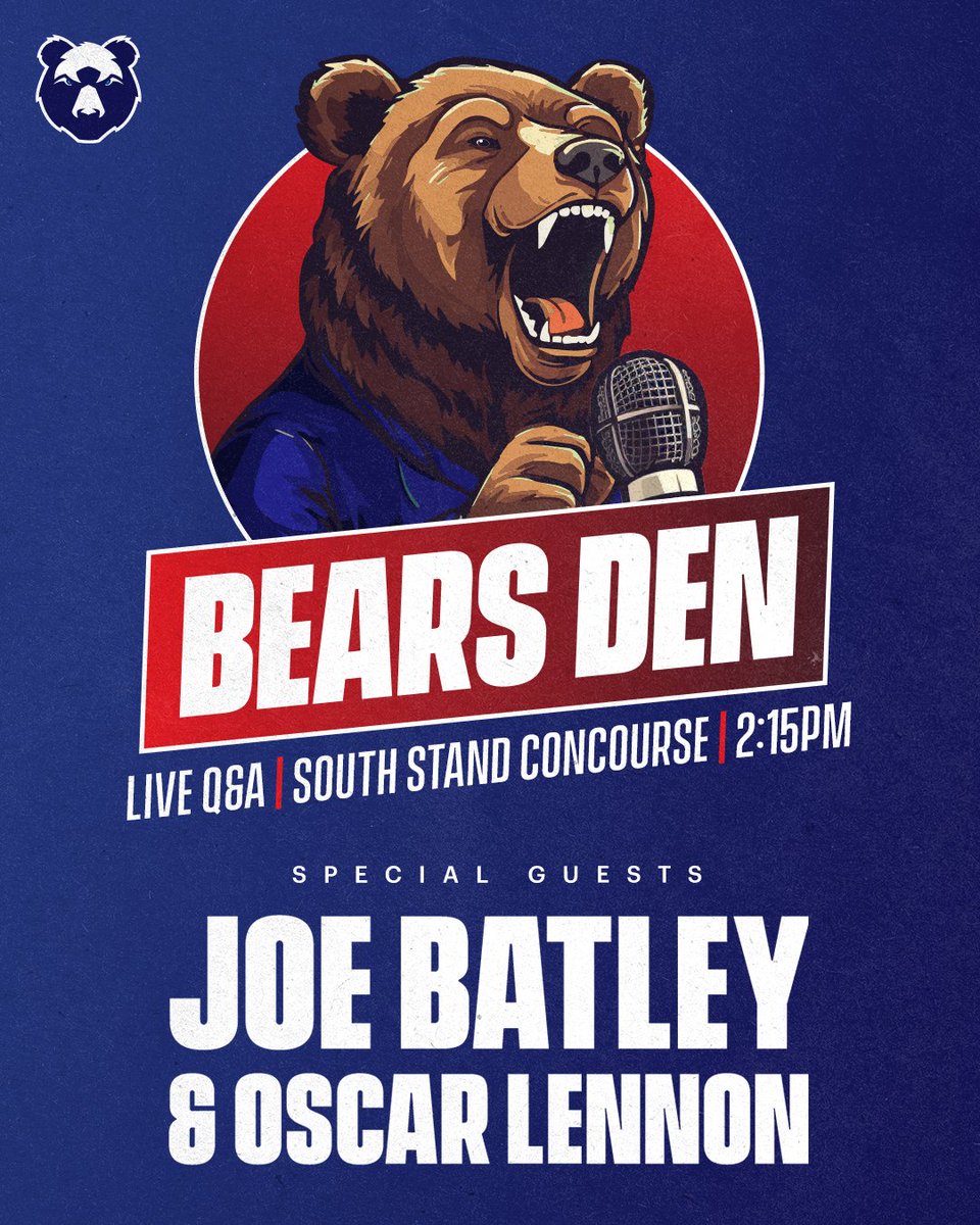 Don't miss this week's Bears Den as @banterwithbats and @LennonRugby join @downsyofficial and our friends from @CancerRugby 💙

Find them in the South Stand concourse from 2.15pm.