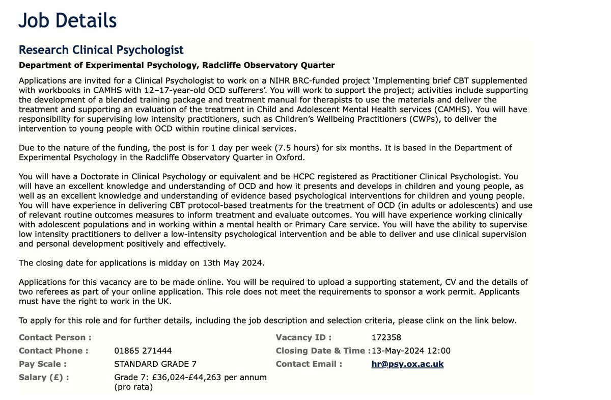 Are you a #ClinicalPsychologist interested in working with @psalkovskis and me @OxHealthBRC project developing and evaluating brief CBT for adolescent OCD? Advert live, please RT! my.corehr.com/pls/uoxrecruit…