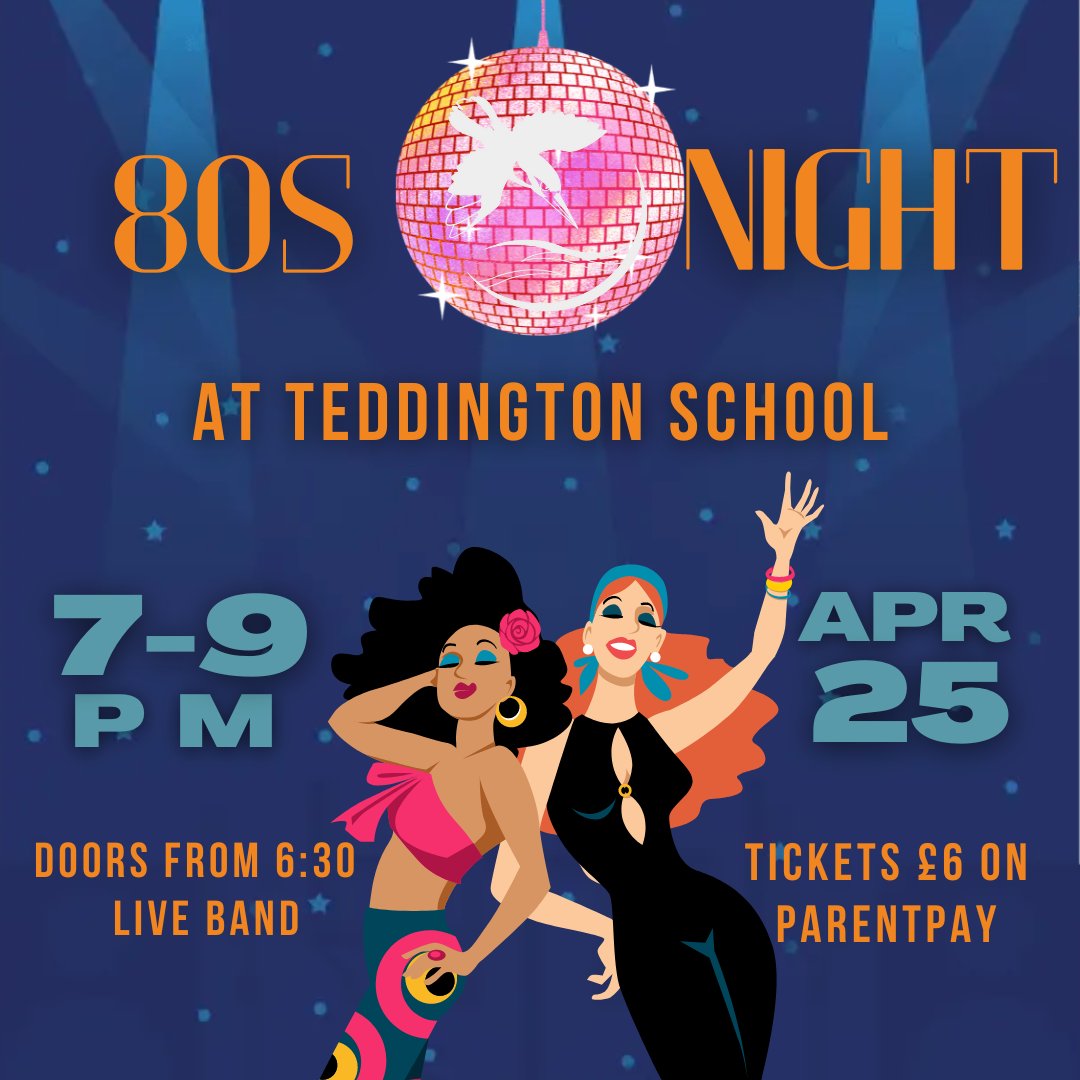 Do you want to get Footloose? Then come on down to our 80s night! 7-9pm on the 25th April. Tickets are available on ParentPay for £6 🪩 #Teddington #TeddingtonSchool #ExcellentEducation #GlobalCitizens #HealthyLearners #FutureReady