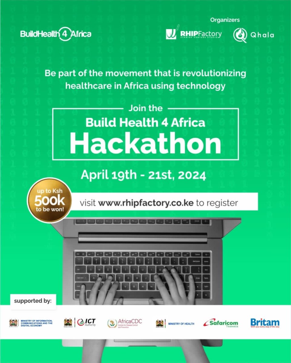 RHIPFactory's tweet image. At the #BuildHealth4Africa Hackathon, we’re adding a layer of suspense with mystery challenges unveiled ONLY at the event. Each challenge is crafted to push the boundaries of what's possible in health tech. 

Are you ready to think on your feet?

Register:
rhipfactory.co.ke/register