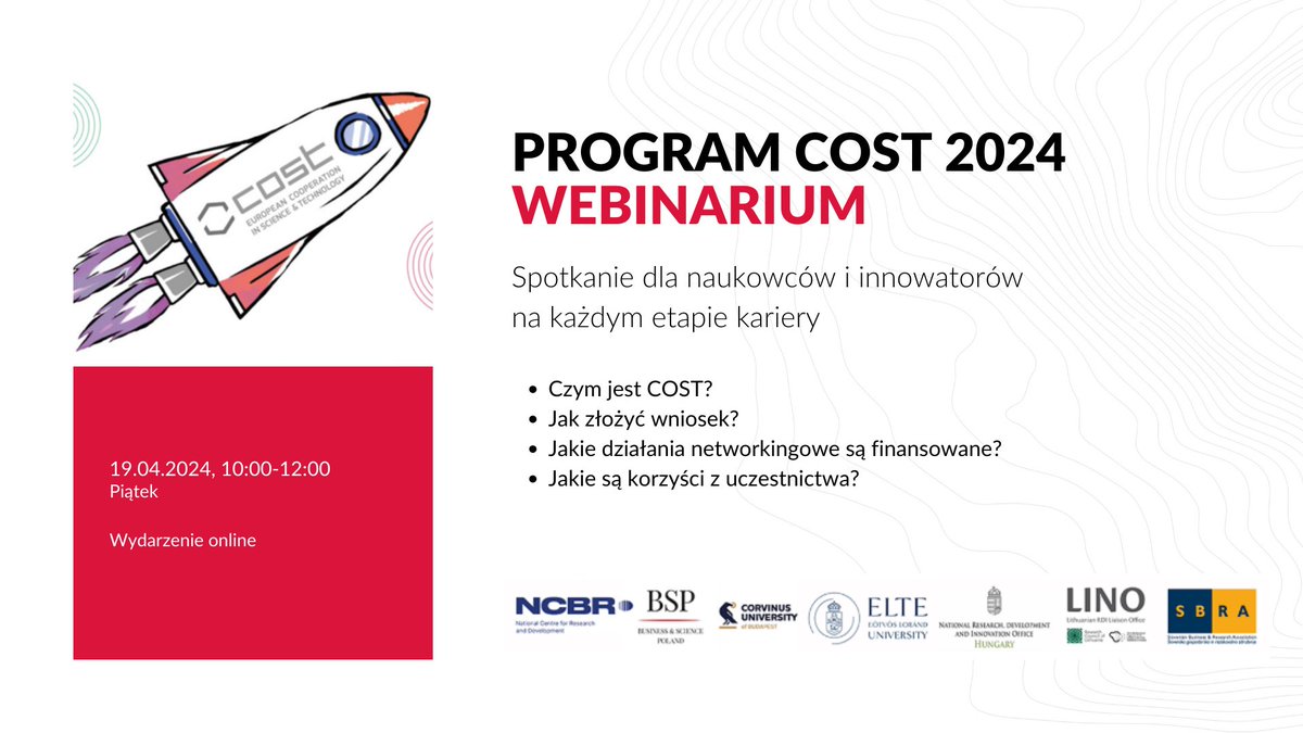 💻Zachęcamy do wzięcia udziału w webinarium @COSTprogramme pt. Europejski Program Współpracy w Dziedzinie Badań Naukowo-Technicznych – COST, jako przykład synergii badaczy i innowatorów. 📆19.04 ⏲️10:00 ℹ️ Link do rejestracji 👉forms.office.com/Pages/Response…