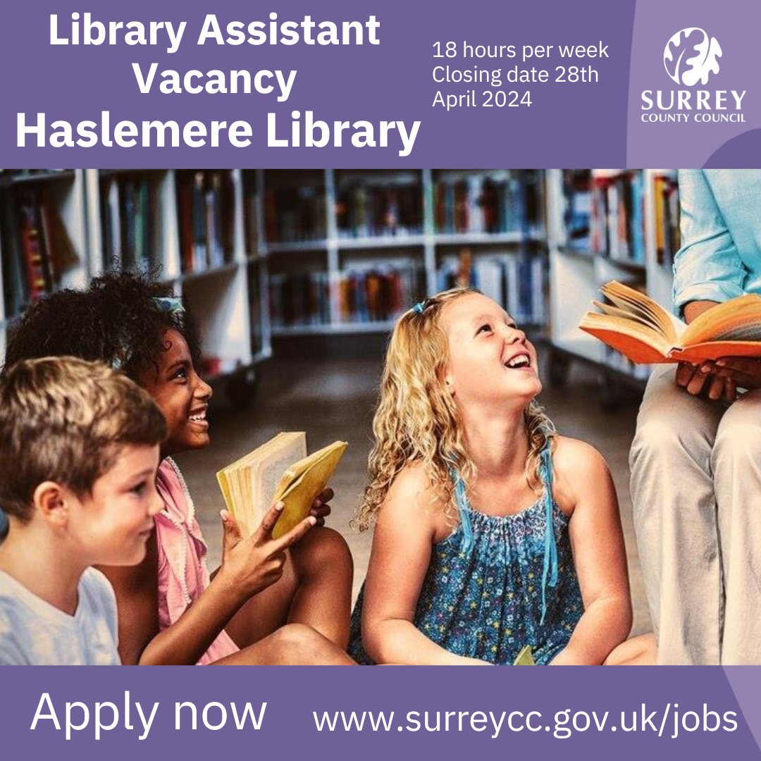 There is a vacancy for a Library Assistant role at Haslemere Library. You can apply using this link: surreycc.gov.uk/jobs/search?ke… Join the team! #jobvacancy #libraryassistant @surreylibrariesuk