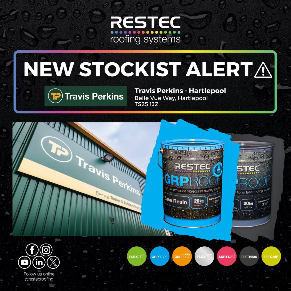 ⚠️ 𝗡𝗲𝘄 𝗦𝘁𝗼𝗰𝗸𝗶𝘀𝘁 𝗔𝗹𝗲𝗿𝘁 ⚠️

We're pleased to announce that Travis Perkins in Hartlepool are now stocking our new formula GRPROOF a sustainable, high-performance GRP Roofing System containing the equivalent of 206 PET plastic bottles!♻️

#Flatroofing #Liquidroofing