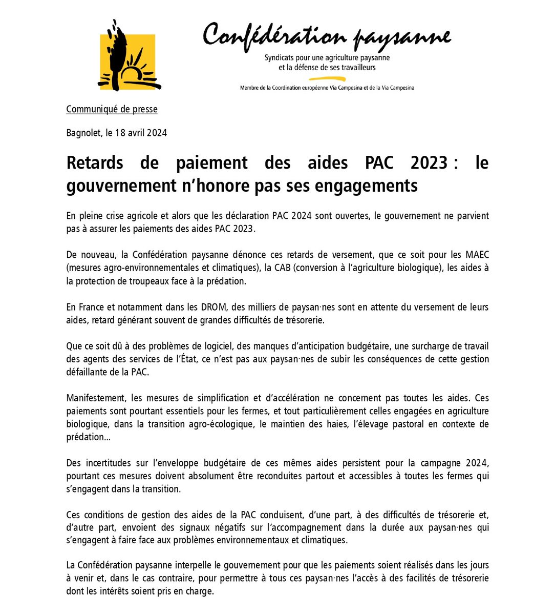 Retards de paiement des aides #PAC : le gouvernement n’honore pas ses engagements !! ✍ Le communiqué de presse de la @ConfPaysanne 👉confederationpaysanne.fr/actu.php?id=14… 👇