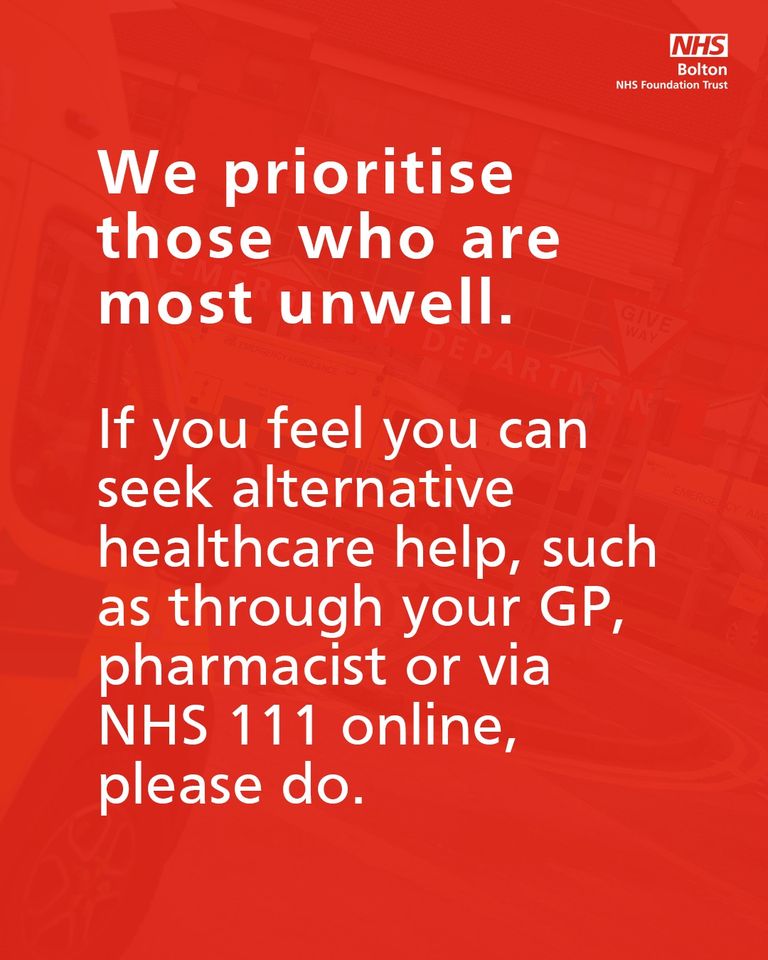 We've had more than 200 people attend our Emergency Department already today. If your condition isn't life or limb-threatening, you may face a long wait as we prioritise our sickest patients. If you feel you can, consider using your GP, a pharmacist or 111.nhs.uk.