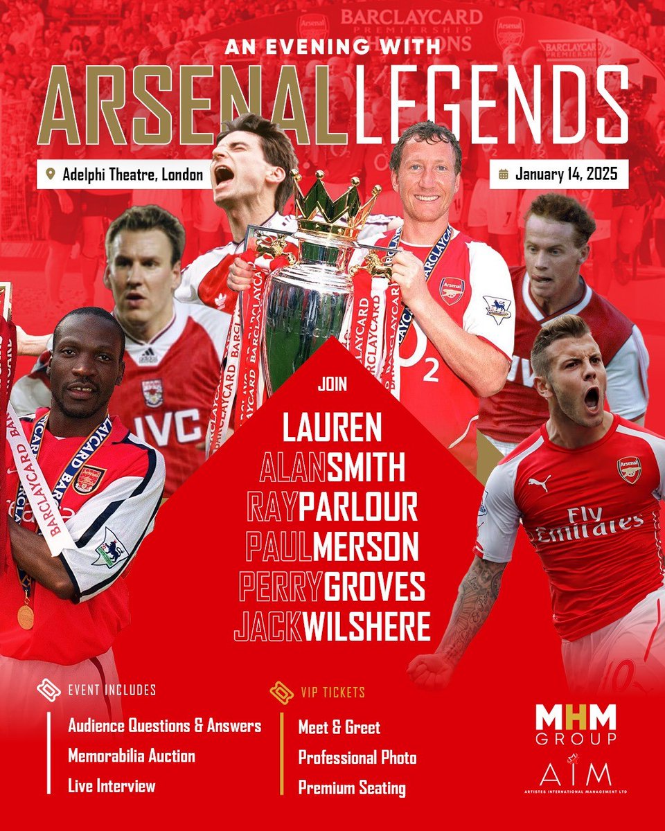 We are excited to announce 'Arsenal Legends Live' at the Adelphi Theatre in London 14th Jan 2025, Presale 2nd May and general sale 3rd May at 10.00am. @MHMMediaGroup @PaulMerse @RealRomfordPele @JackWilshere @9smudge @Lauren12arsenal @LWTheatres @GoldupsLane