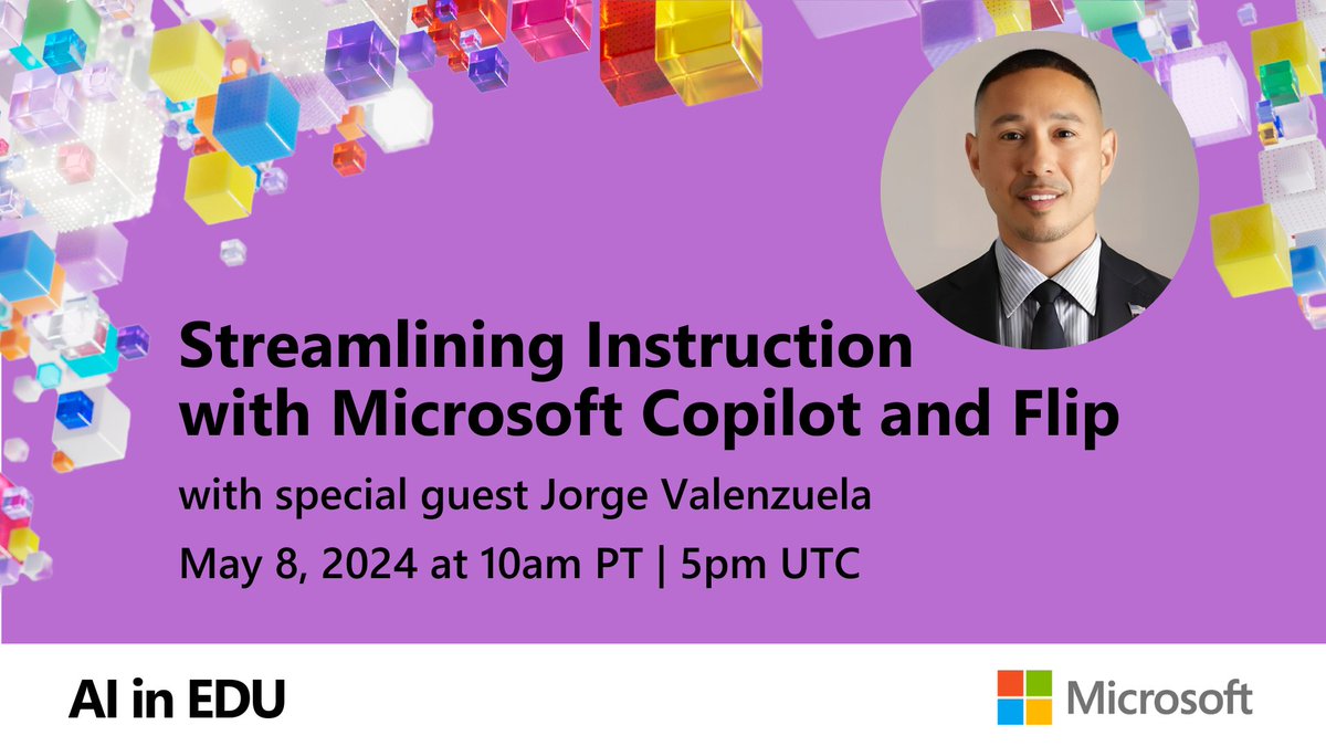 Jorge Valenzuela does PBL and also has so many incredible insights about #AI, @MSFTCopilot, and Flip you don't want to miss! 🔮 Join @JorgeDoesPBL in our May #AIinEDU conversation! 📅 May 8 ⏰ 10am PT 📌 Register: info.flip.com/en-us/events/p… #FlipForAll #MicrosoftEDU