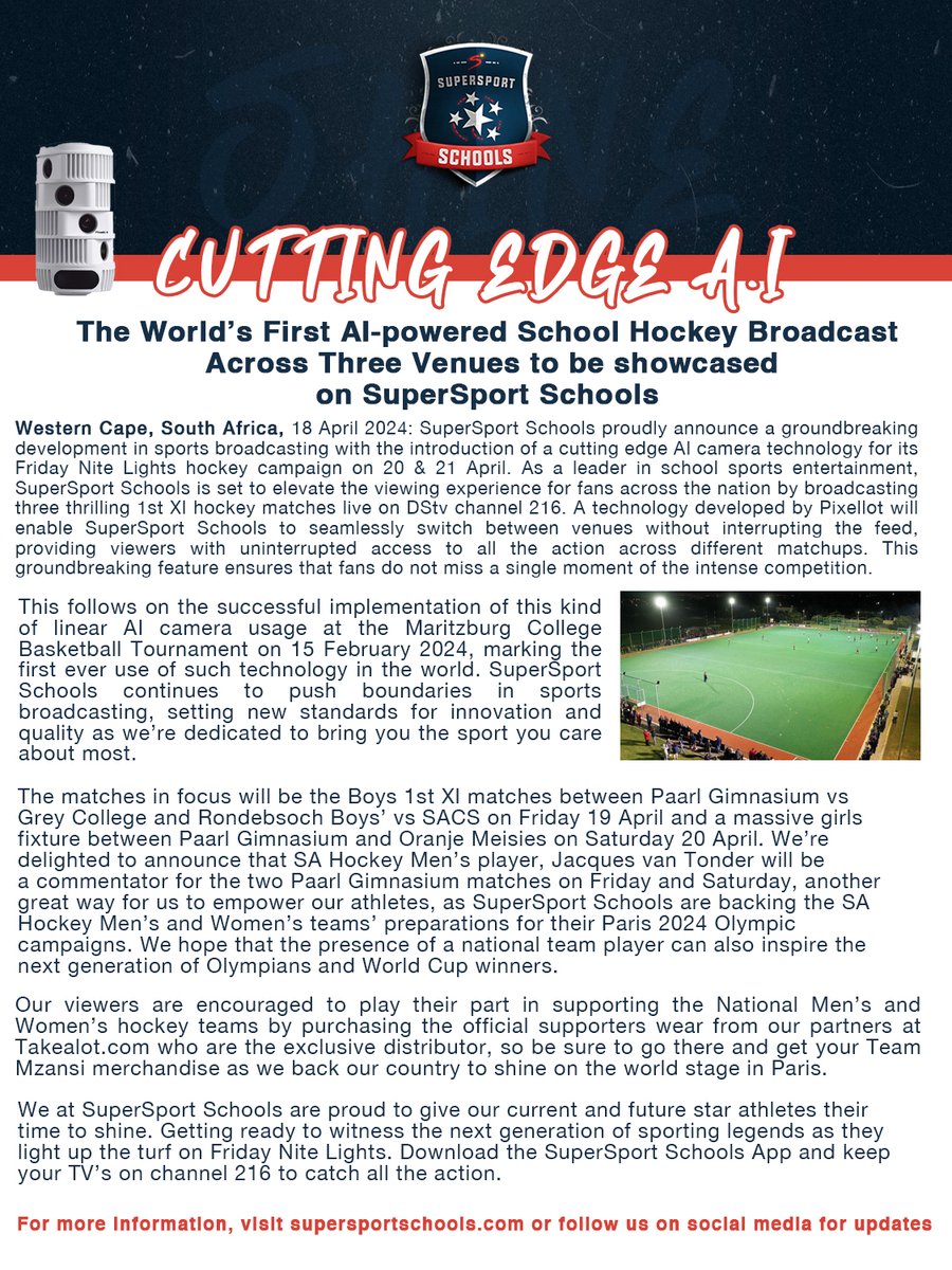 Official Press Release: The World's First AI-Powered School Hockey Broadcast Across Three Venues to be showcased on SuperSport Schools.