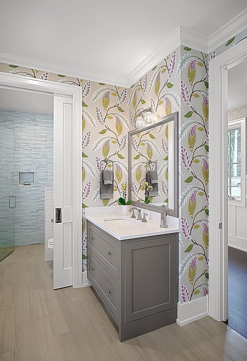 Don't be boring. 😆  Layers of texture, pattern and color in this new construction bathroom welcome guests with a sense of joy! 📸  Norman Sizemore #AndyYatesDesign #InteriorDesign #BathroomDesign #ExceptionalDesign #MichiganInteriorDesign #AdaMichigan #BathroomRenovation #luxury