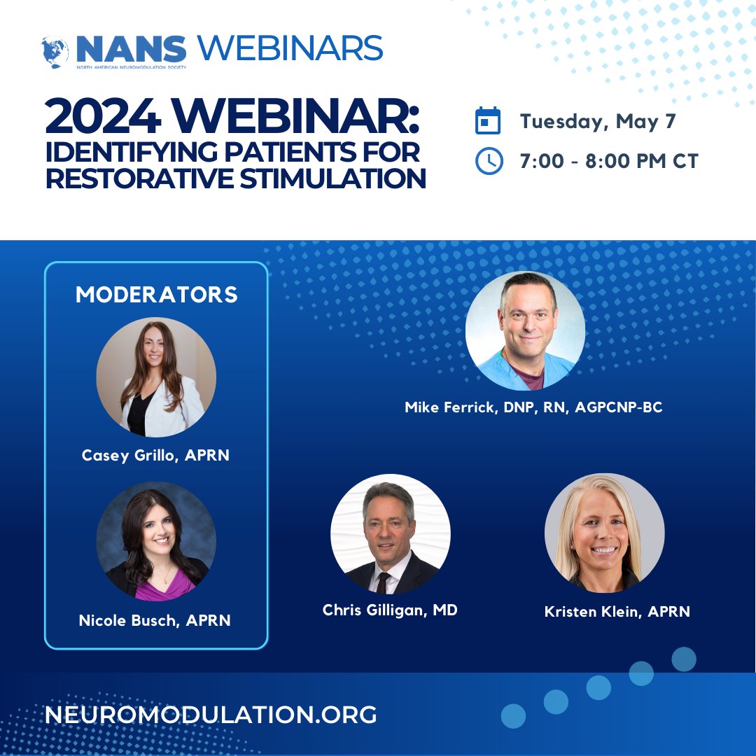 NANS_ION's tweet photo. Join us for a new NANS #Webinar: Tuesday, May 7 at 7 PM CT! This webinar is an introduction to #RestorativeStimulation &amp; will focus on the importance of muscle function, motor control &amp; its role in CLB #pain. Sign up: https://t.co/ZulTlrQDX2

@NANSRFS @WIN_NANS @DOC_NANS https://t.co/0KEWdlVQIh