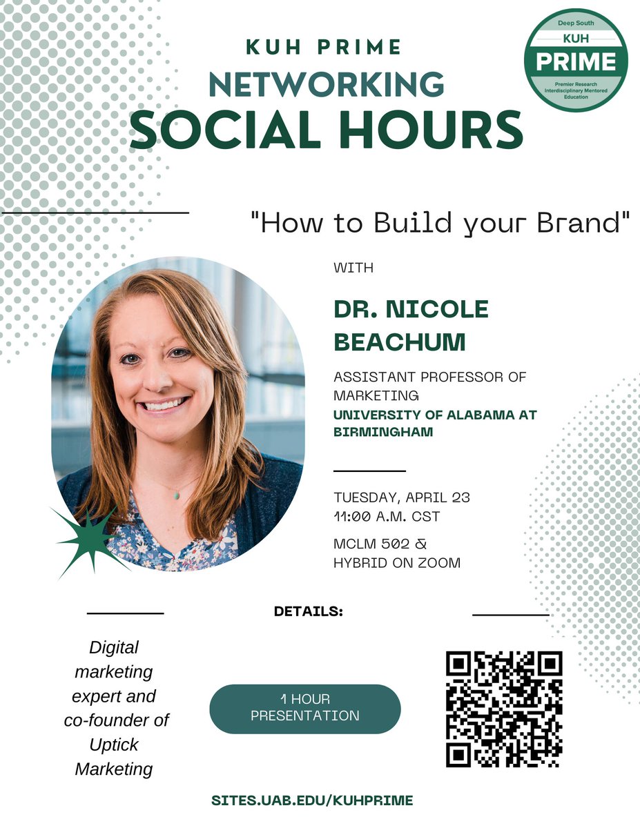 Attention #KUHmmunity! Attend KUH PRIME Networking Social Hours on April 23, at 11:00 A.M. in UAB McCallum Basic Health Science Building room 502 or on Zoom for a presentation by Dr. Nicole Beachum from UAB! #kuhprime @uabdeptmed @tulaneredbeans @tulane_urology @aug_university