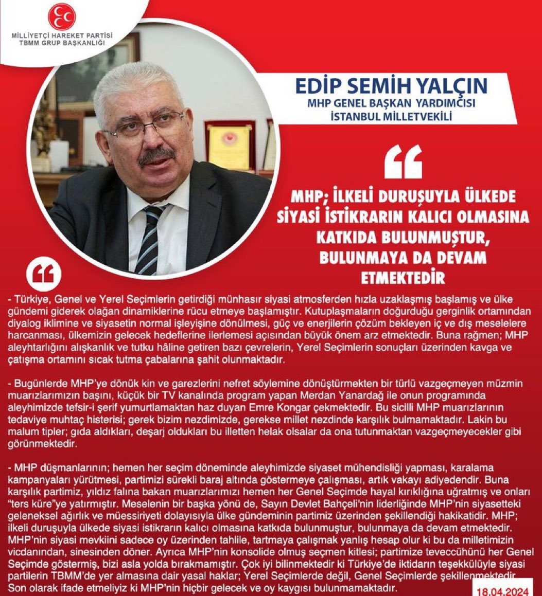 MHP Genel Başkan Yardımcısı ve İstanbul Milletvekilimiz Prof. Dr. E. Semih Yalçın @E_SemihYalcin: MHP; ilkeli duruşuyla ülkede siyasi istikrarın kalıcı olmasına katkıda bulunmuştur, bulunmaya da devam etmektedir mhphaber.com/?p=10368