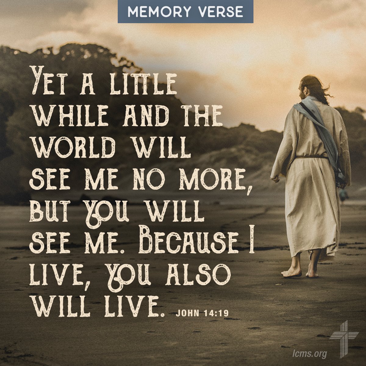 We invite you to memorize John 14:19 with us this week.
Memorizing Scripture is a valuable practice for Christians, even in a digital age. Join us each week as we hide God's Word in our hearts (Psalm 119:11).
Full list at lcms.org/memoryverse.
#memoryverse