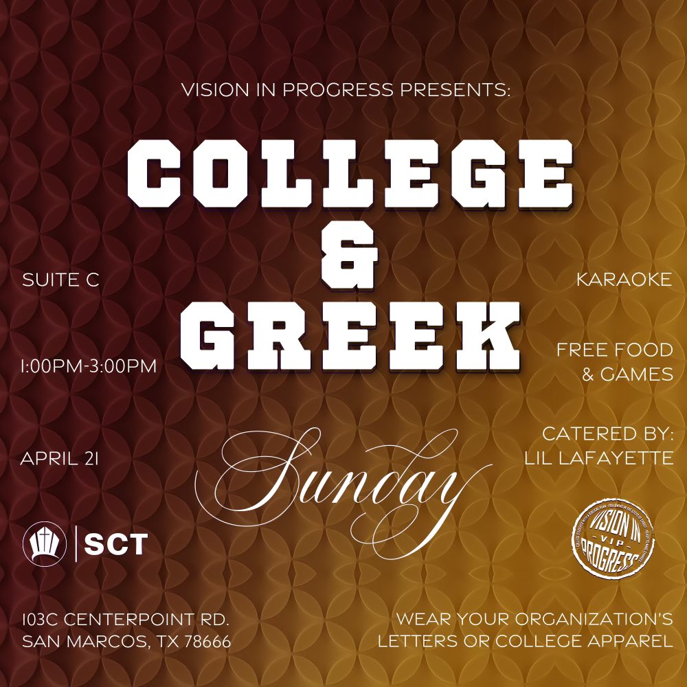 therocksct's tweet image. 📣 Calling all college crew and Greek fam! This Sunday at 10am, sport your college swag or Greek gear and let’s make worship legendary! 😎

Afterwards, meet @txst_vip and @txst_nphc for BRUNCH in our event suite!! 🤤🍽️

#GreekSunday #CampusPride #CollegeSunday #HBCU #TXST