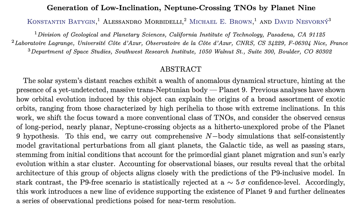 New P9 evidence comes from a population of dynamically unstable long-period TNOs that cross Neptune's orbit. Full paper here: arxiv.org/pdf/2404.11594… and a brief thread below.