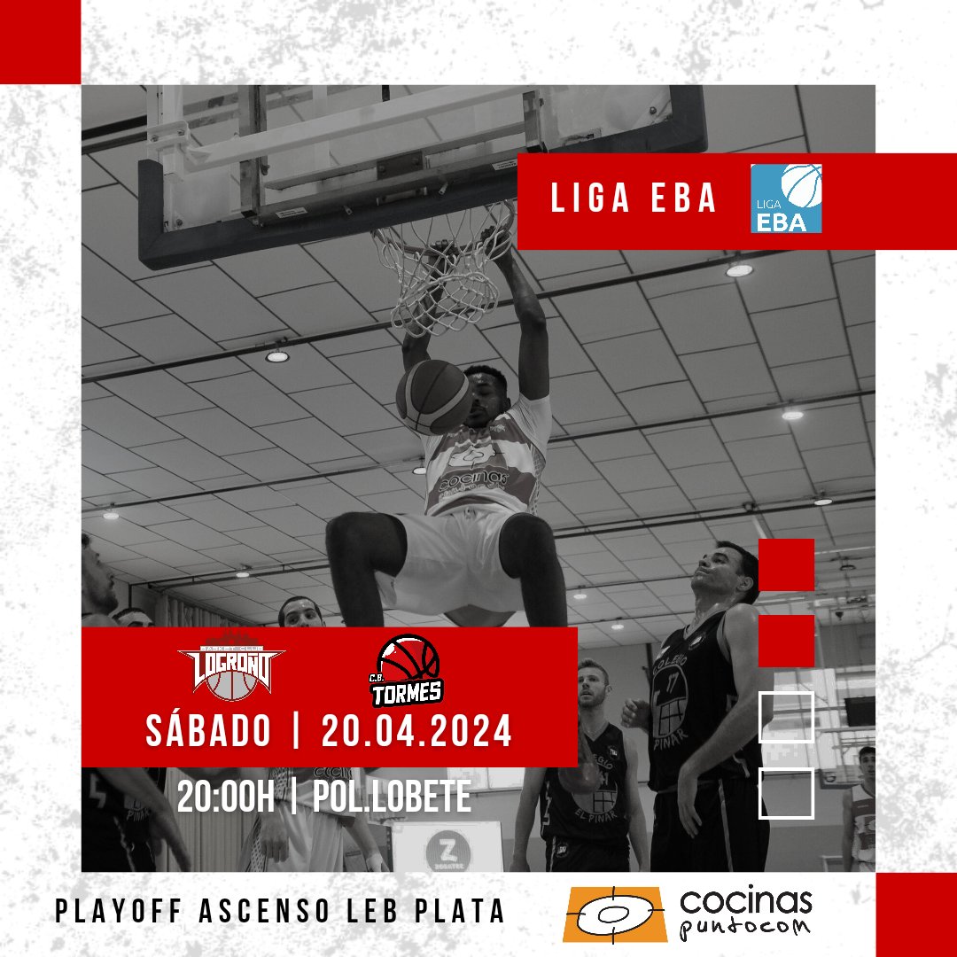 LogroBasketClub's tweet photo. Este sábado no te puedes perder el partidazo que nuestro LBC @cocinascom disputará en Lobete, los #Blanquirrojos jugarán a las 20h el primer encuentro de la eliminatoria previa a la fase de ascenso contra el CB Tormes en una PlayOff a ida y vuelta que promete ser muy emocionante. https://t.co/SilMhG96Ya