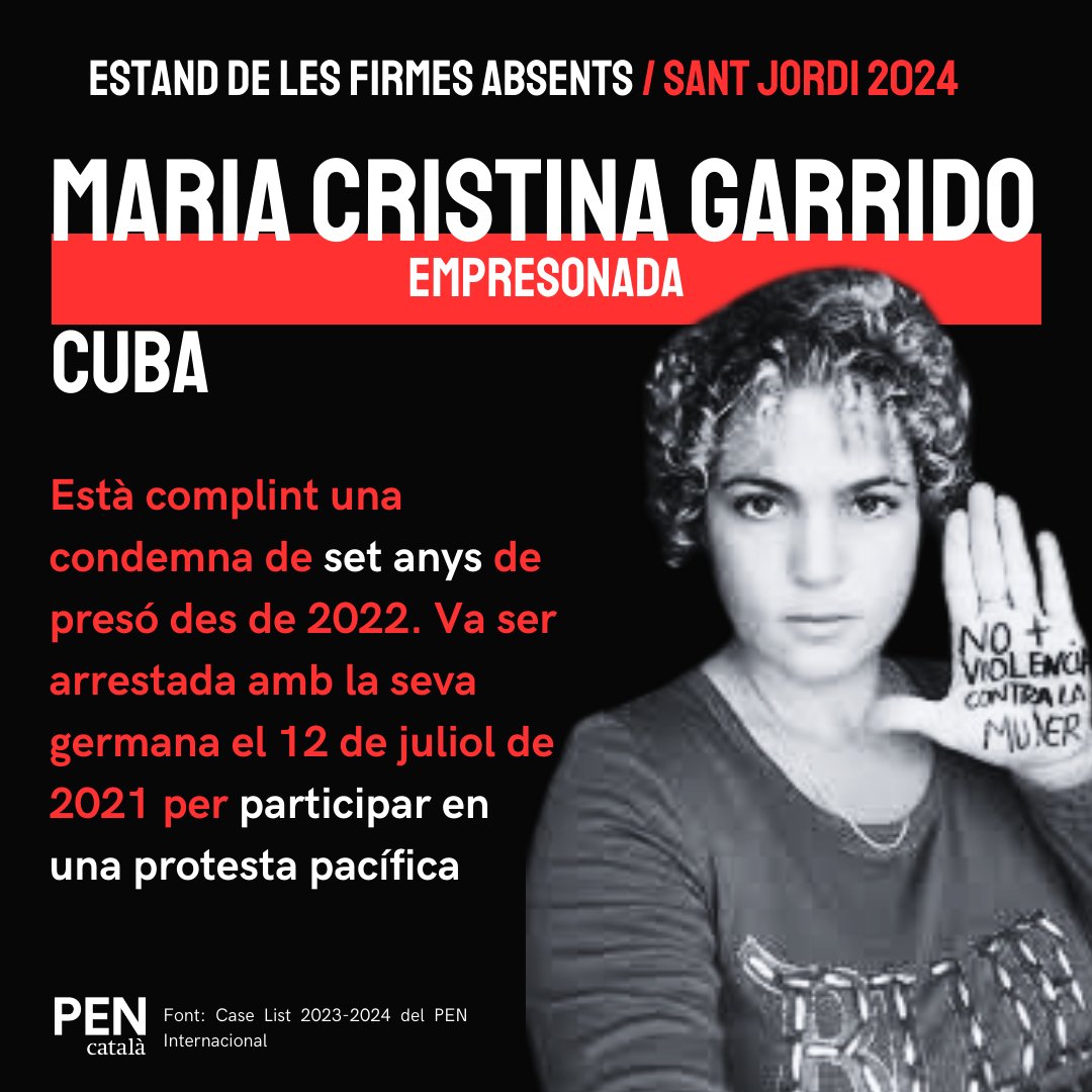 Maria Cristina Garrido no firmarà aquest Sant Jordi perquè està complint set anys de presó per participar en una protesta pacífica. #SantJordi2024 Descobreix com pots firmar per ella: pencatala.cat/noticia/estand…