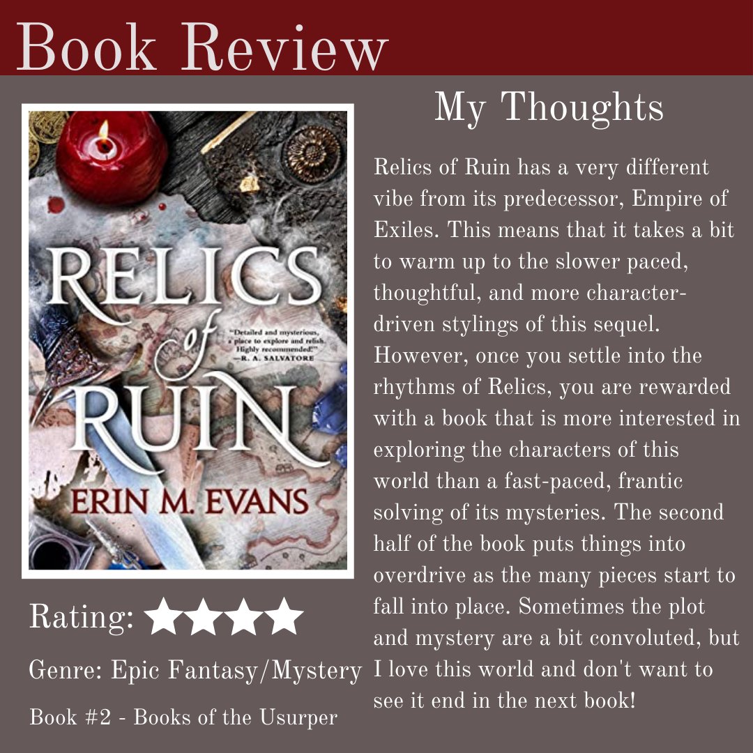 Relics of Ruin by Erin Evans (@OrbitBooks) is a slower but deeper epic fantasy-mystery mashup. This is one of my favorite currently running series, and it definitely shouldn't be slept on! Review: beforewegoblog.com/review-relics-… @BethTabler @BeforeWeGoBlog