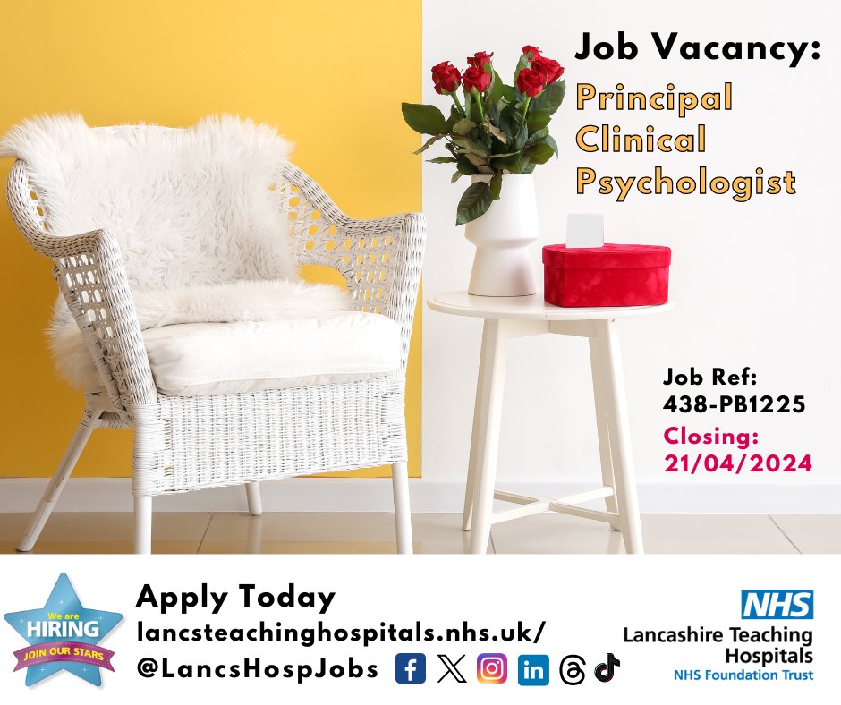 Job Vacancy: Principal Clinical #Psychologist @LancsHospitals 

Are you a passionate, driven individual looking for a new challenge? Look no further!

⏰Closes: 21/04/2024
Read more and apply: lancsteachinghospitals.nhs.uk/join-our-workf…

#NHS #NHsjobs #lancashire #Preston #Psychology