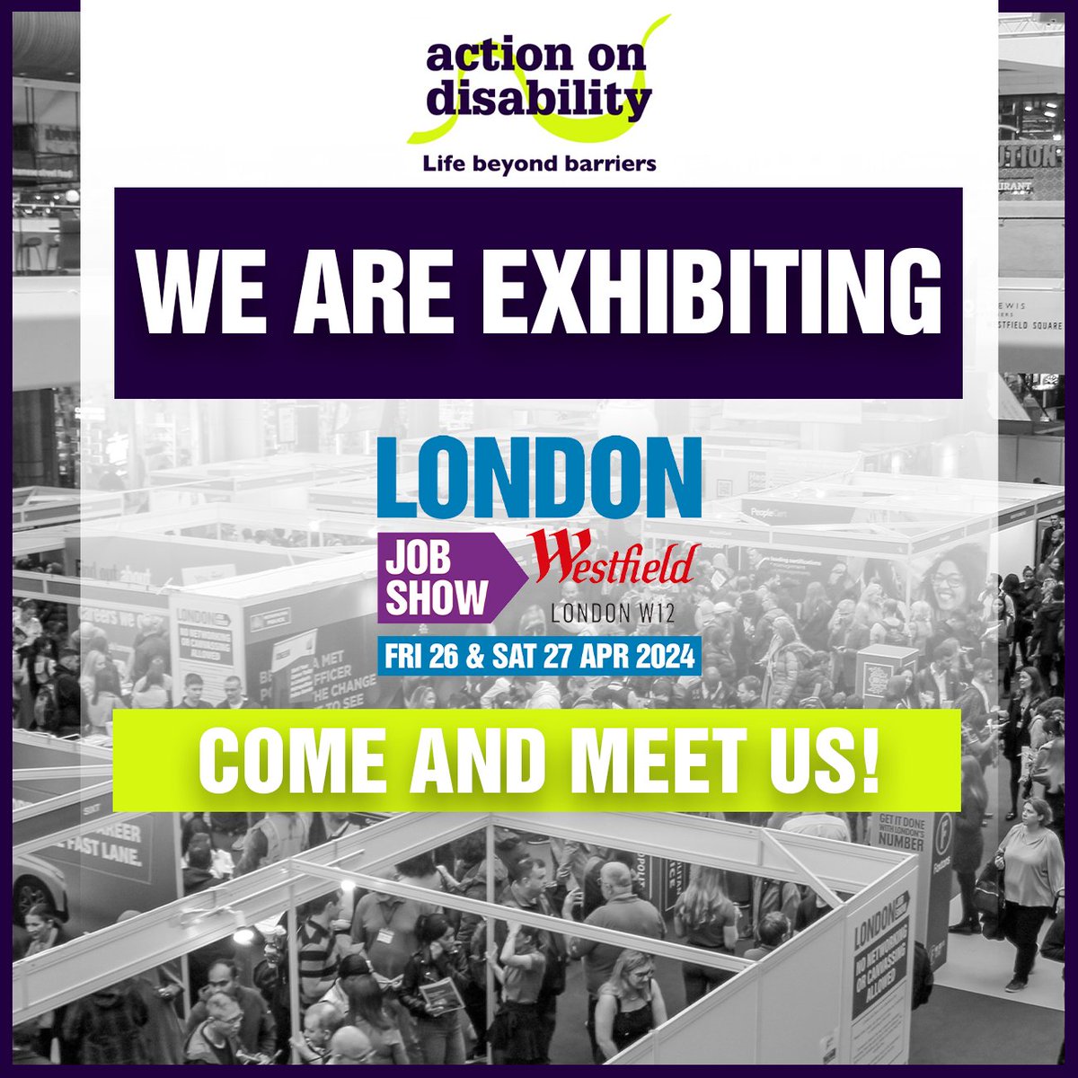 AoDisability's tweet photo. Looking for a new job? Come down and visit us at the Westfield Job Show next week. We will be there on Friday 26th & Saturday 27th. Come and say hello & find out more about what roles we have on offer! #aod #jobs #jobfair #jobshow #westfield #disability https://t.co/9coM3DcaT9