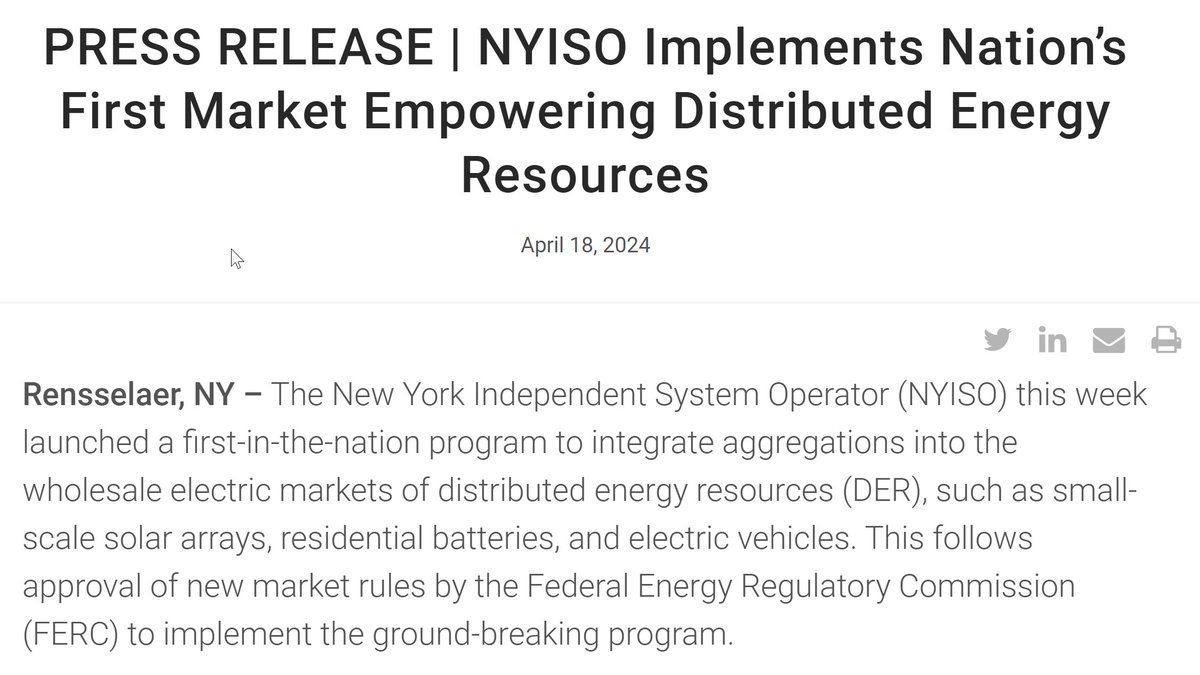 We're excited to announce that we've launched a first-in-the-nation program to integrate aggregations of distributed energy resources – including small-scale solar arrays, residential batteries, and EVs – into our wholesale markets. Learn more ➡️ nyiso.com/-/press-releas…
