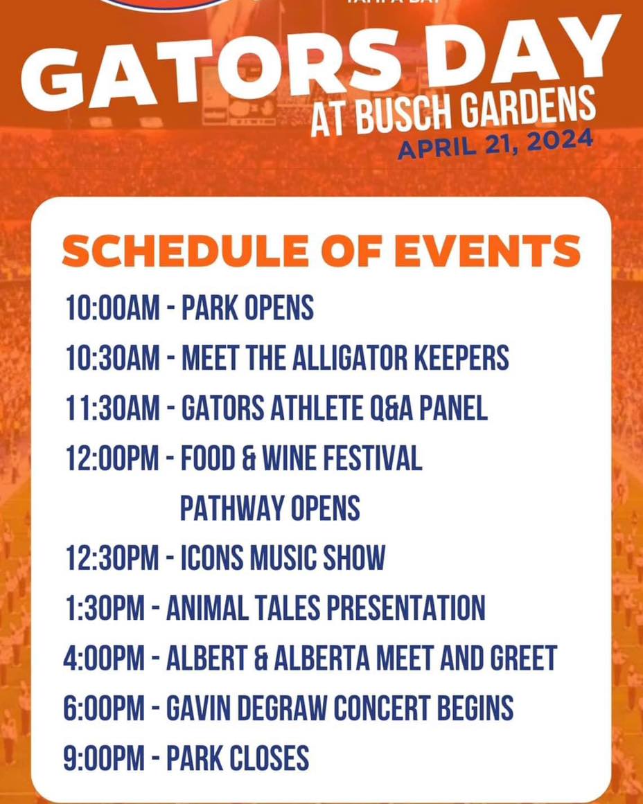 Quick Reminder: Sunday, April 21st, is #GatorsDay at Busch Gardens from 10 am - 9 pm! 🐊🎢🦒 Gator Athlete Q&A Panel ✅ Food & Wine Festival ✅ Icons Music Show ✅ Animal Tales Presentation ✅ Albert & Alberta M&G ✅ Gavin DeGraw Concert ✅ #GoGators #WeChomp #MyGatorPass