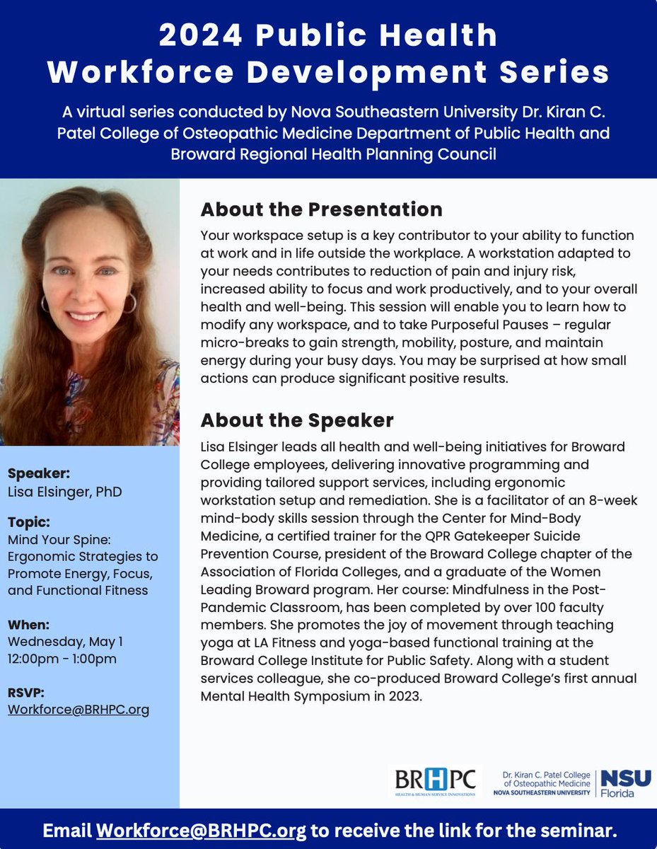 RSVP to Workforce@brhpc.org to receive the seminar link for our 5th Public Health Workforce Development Series for 2024.

#WorkforceDevelopment #PublicHealth #NSU #BRHPCHealth