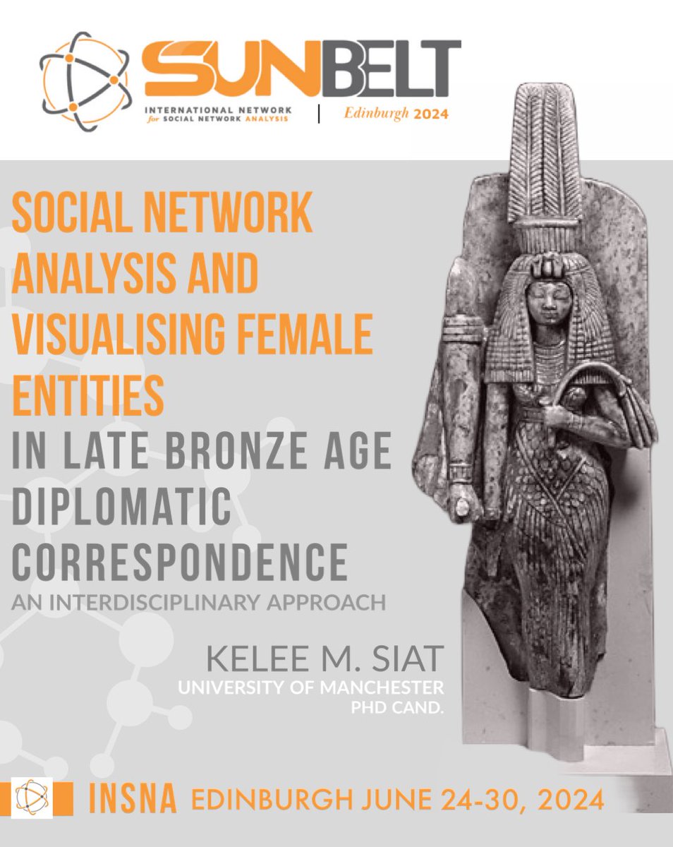 Excited to announce that I will be  presenting at the Sunbelt conference in association with the International Network for Social Network Analysis @SocNetAnalysts summer 2024. #sunbelt2024 #Edinburgh #socialnetworkanalysis #Egyptology #womenanddiplomacy #latebronzeage