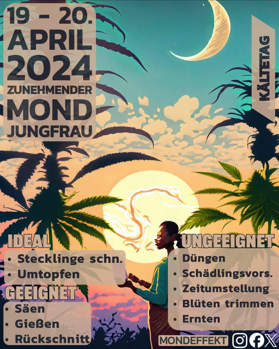 19 - 20. April 2024 Zunehmender Mond Jungfrau
Geeignete Tätigkeiten:
#Stecklinge schneiden
#Umtopfen
#Rückschnitt
#todo
#Kalender
#Eigenanbau
#heute
#jetzt
#Vorschau
#Säen
#garten
#April
#Gießen
#faktisch
#Mond
#Kältetag
#Jungfrau