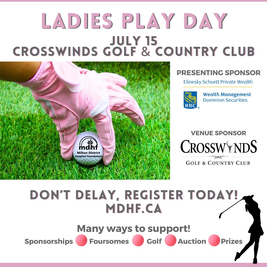 MDH_Foundation's tweet photo. We are thrilled to announce the 9th Annual Ladies Play Day Presented by Elinesky Schuett Private Wealth Management of RBC Dominion Securities Inc. is back and will take place on Monday, July 15, 2024, at the picturesque @crosswindsgolf ! https://t.co/OJTv9NiNgK https://t.co/KEJfdpl7wN