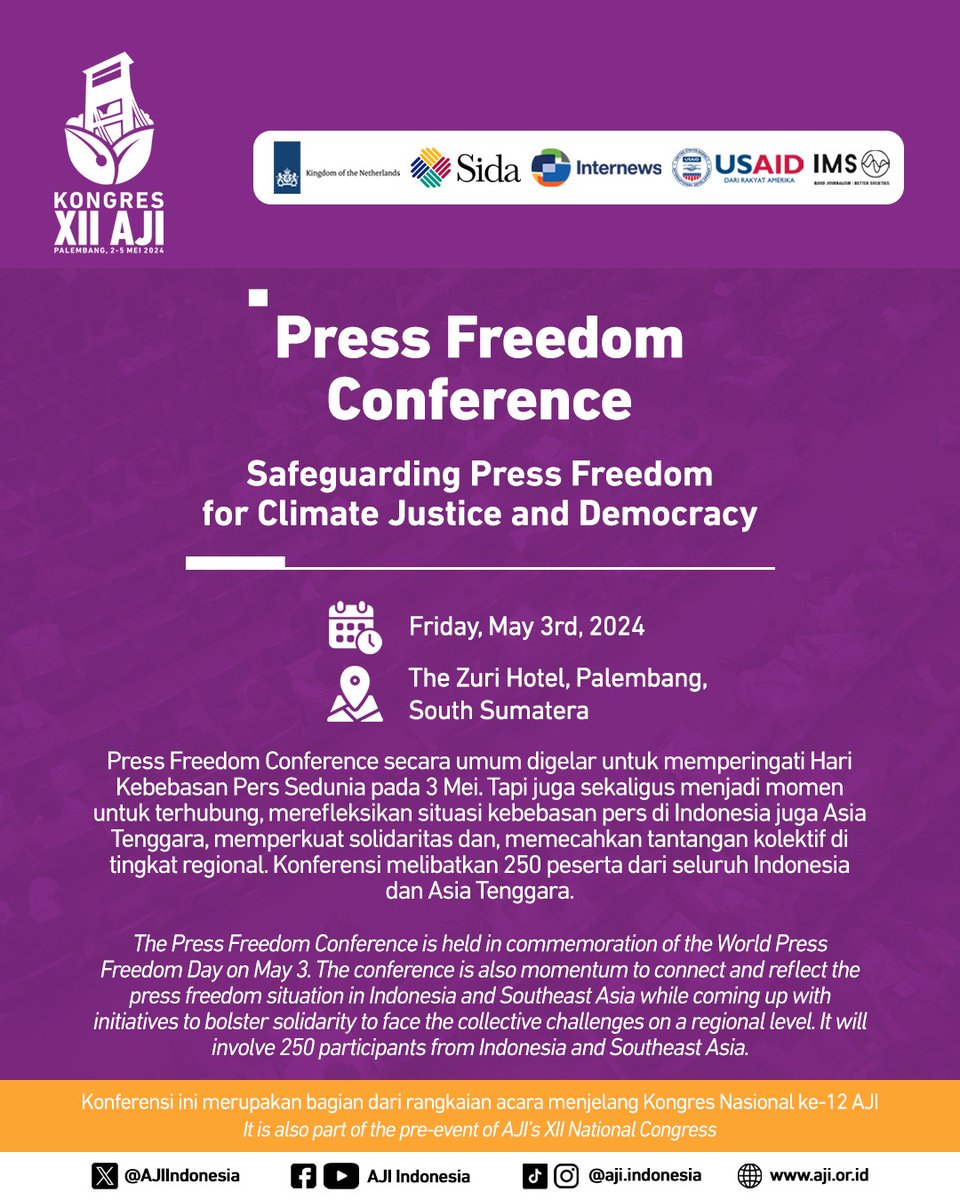 UPDATE #PraKongres12AJI Press Freedom Conference #PFC yg menjadi bagian rangkaian kegiatan menjelang #Kongres12AJI di Palembang menghadirkan bbrp sesi acara yg bs kamu pilih. Konferensi ini akan digelar lewat serangkaian diskusi panel, lightning talk, seminar hingga lokakarya.