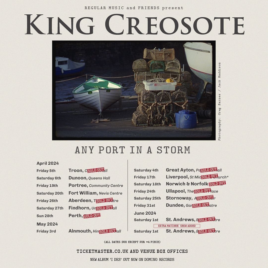 King Creosote’s Any Port In A Storm tour continues this weekend with shows at in Portree (@SEALLEventsSkye) and Fort William @_NEVISCENTRE Times; KY10 - 7.30pm King Creosote - 8.30pm The shows have been amazing so far. Get yourself a ticket if you can!