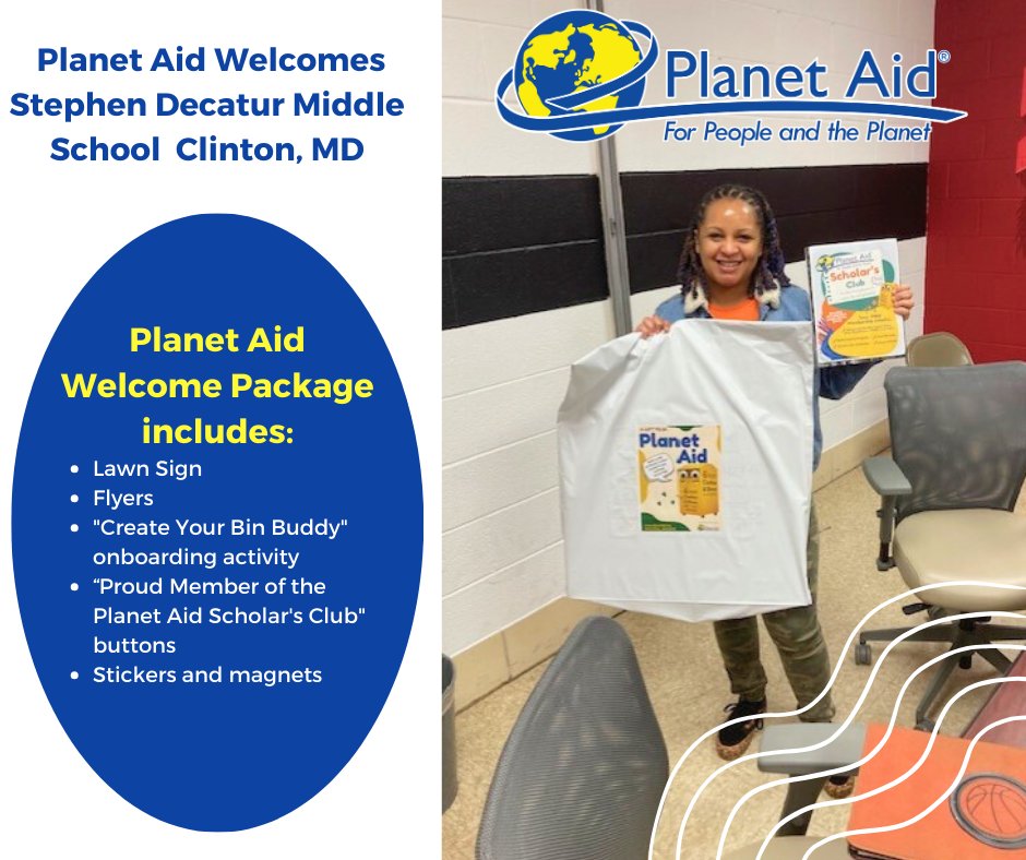 We love it when our school family grows! Ms. Georshelle Turner accepted the Planet Aid welcome package on behalf of Stephen Decatur Middle School in Clinton, Maryland. There are lots of goodies to get them started.😎 Welcome Stephen Decatur Middle School! (@SDMSPgcps)