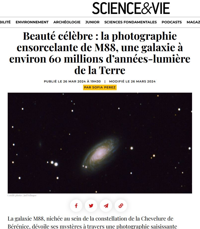 jklinger_photo's tweet photo. Merci à @science_et_vie pour son récent article sur la galaxie M88 dont l'illustration et une partie du contenu sont tirées d'une de mes photographies. 😀
L'article est ici : https://t.co/3JFAnku0nL
#photo #astronomie #galaxie #espace #science #telescope #scienceetvie https://t.co/euJ17K4JO3