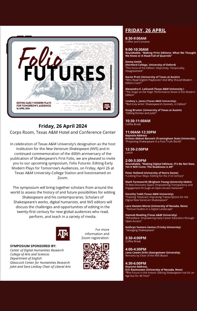 robert_stagg's tweet photo. Looking forward to tuning in to this excellent array of talks @TAMU next week. Register via the link to hear more about ‘Folio Futures: Editing Early Modern Plays For Tomorrow’s Audiences’, marking Texas A&amp;M’s recent designation as the host of the New Variorum Shakespeare. https://t.co/kixdbJXt2g