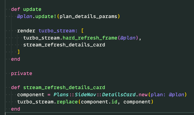 Turbo Stream advanced tips and tricks - You can use an array if you need to do multiple actions - You can add your own custom actions (`hard_refresh_frame` here) and mix them into `Turbo::Streams::TagBuilder` - You can extract methods to better describe more complex stream…