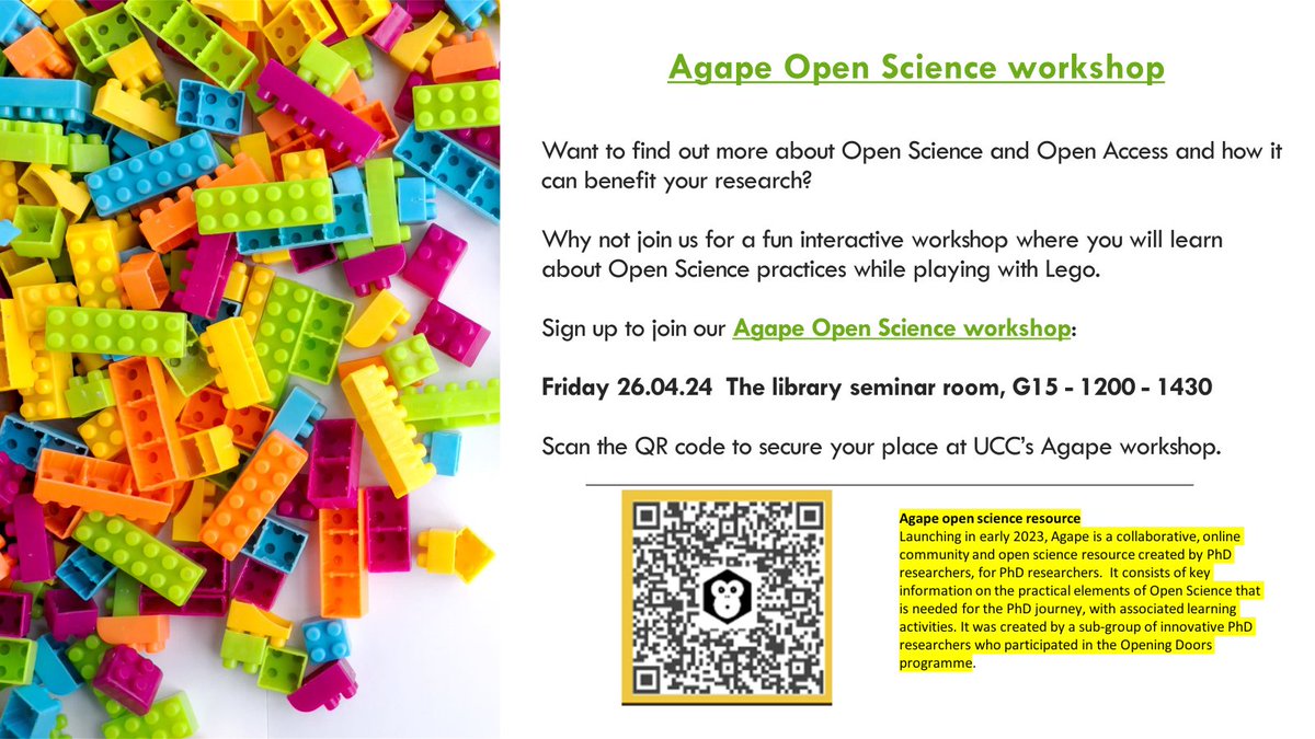 UCC PhD Researchers! @UCCLibrary is hosting a workshop on Open Science with @AgapeOpenSci next Friday from 12-2.30pm, sign up below! docs.google.com/forms/d/e/1FAI…