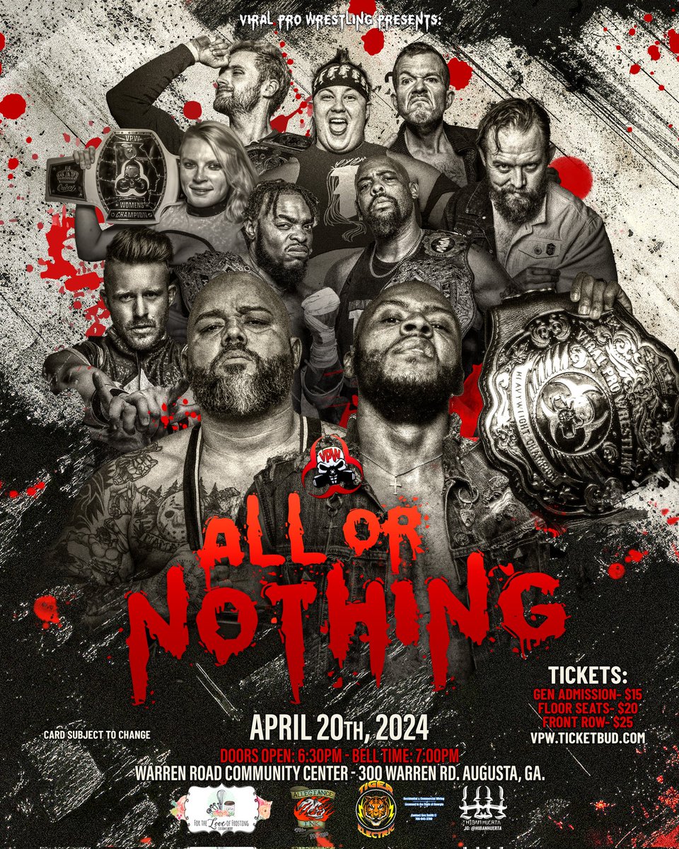 Get ready for an electrifying night of action as VPW presents Viral Pro Wrestling: All Or Nothing at the Warren Road Community Center on April 20th in Augusta Georgia! Doors open at 6:30pm and the show kicks off at 7pm! Get Tickets: vpw.ticketbud.com/viral-pro-wres…