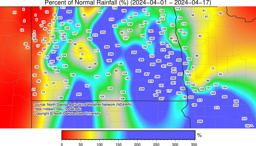 DarylRitchison's tweet photo. Percent of average rain so far in April across the @NDAWNmesonet .  #ndwx #mnwx https://t.co/ucsi6u4e6X