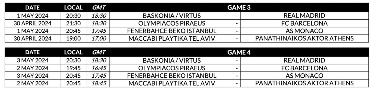 Panathinaikos and Olympiacos are set to play Games 3 and 4 on the same day during the EuroLeague playoffs.