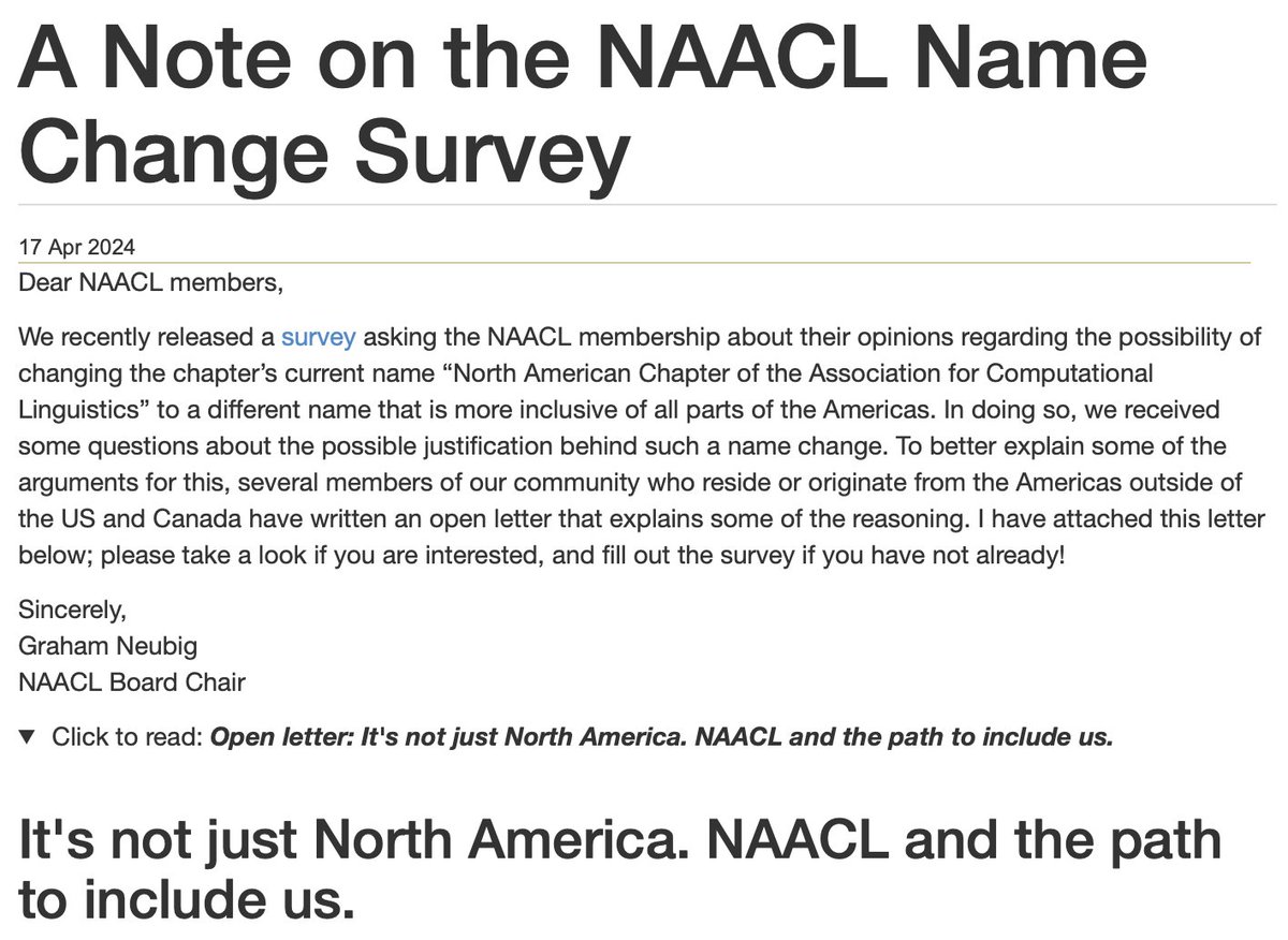 naacl's tweet image. Dear #NAACL Members, to better explain some of the arguments for a possible name change, several members of our community who reside or originate from the Americas outside of US/Canada have written an open letter 👉 naacl.org/posts/2024-04-…
Original survey forms.gle/r8SWiu8goG79kw…