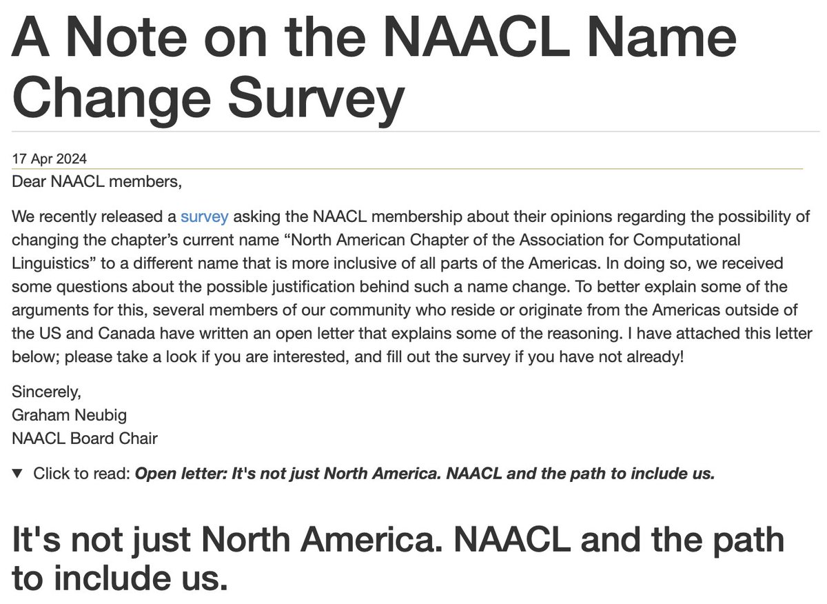 Dear #NAACL Members, to better explain some of the arguments for a possible name change, several members of our community who reside or originate from the Americas outside of US/Canada have written an open letter 👉 naacl.org/posts/2024-04-… Original survey forms.gle/r8SWiu8goG79kw…