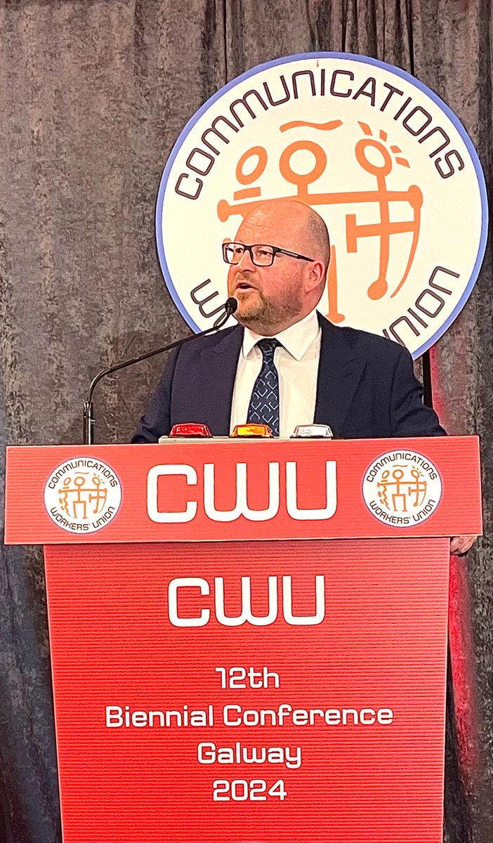 Delighted to address the ⁦@CWU⁩ conference in Galway today. A great vibrant union that plays an important role in our ⁦@irishcongress⁩ spoke about the right of every worker to access Collective Bargaining. Govt need to transpose the EU Directive now