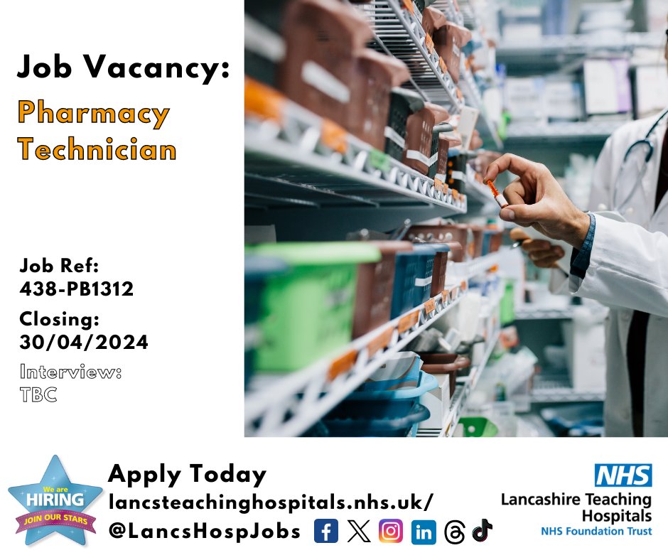 Job Vacancy: Pharmacy Technician @LancsHospitals ⏰Closes: 30/04/24 Read more and apply: lancsteachinghospitals.nhs.uk/join-our-workf… #NHS #NHSjobs #lancashire #PharmacyJobs @pharmacylthtr #PReston #Chorley