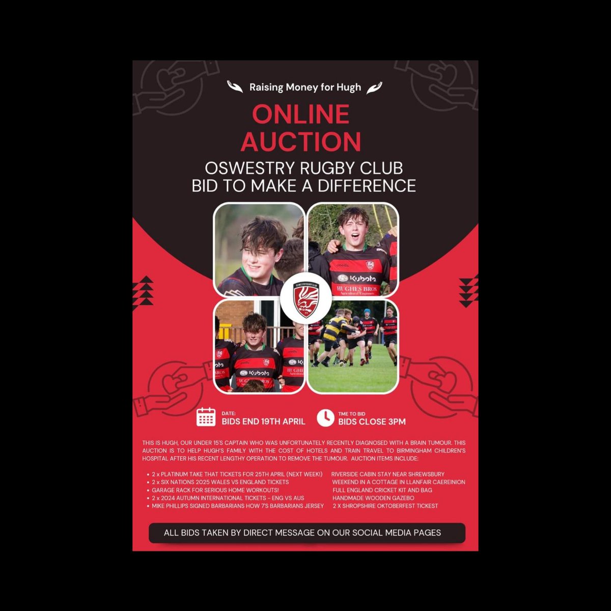 Posting for &amp; on behalf of <a href="/Oswestryrugby/">Oswestry Rugby Club</a>  &amp; the family of Hugh the U15s Captain - heaven for bid, this could be your child, a Grandchild,  or just a friend's son or daughter.

Donations are also being taken at gofund.me/ed13e551