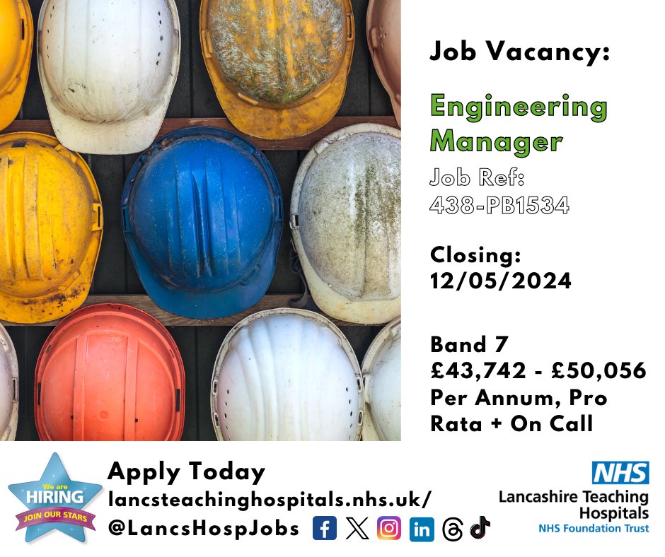 Job Vacancy: Engineering Manager

⏰Closes: 12/05/2024

Interested? Read more and apply: lancsteachinghospitals.nhs.uk/join-our-workf…

#NHS #NHSjobs #Lancashire #EngineeringManager #Preston #Estates #Engineering