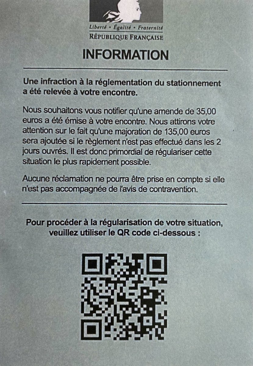 mairiedu13's tweet photo. Attention : ESCROQUERIE AU FORFAIT POST-STATIONNEMENT ⚠️

De faux avis d’informations peuvent être apposés sur vos véhicules.
Le QR code indiqué pour régulariser l’amende envoie sur la page « https://t.co/zkqsNpc7cM » donnant l’impression d’être sur le site institutionnel. https://t.co/v5iBuRyx44